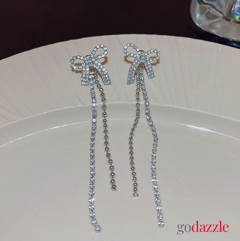 Diamond Bow Tassel Earrings