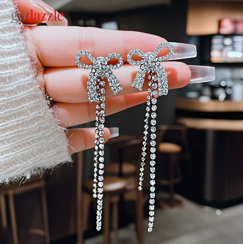 Diamond Bow Tassel  Earrings